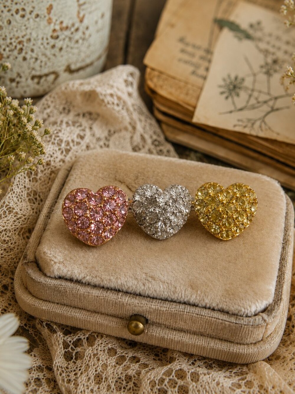Vintage Signed MONET Triple Heart Rhinestone Brooch Pin
